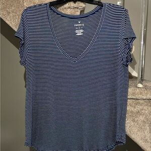 American Eagle Outfitters Blue and White Striped V-Neck Tee
